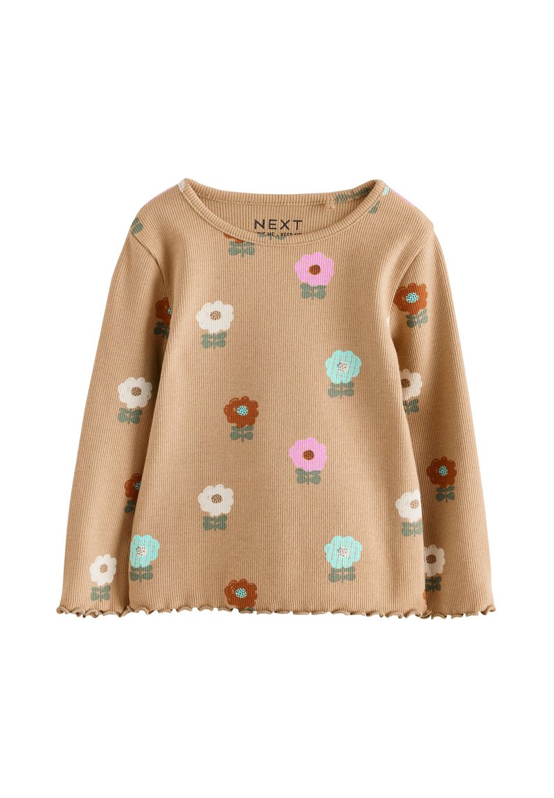 Beige langærmet sweater med ribbet tekstur og flerfarvede blomsterprint. Rund halsudskæring med bølget kantdetalje.