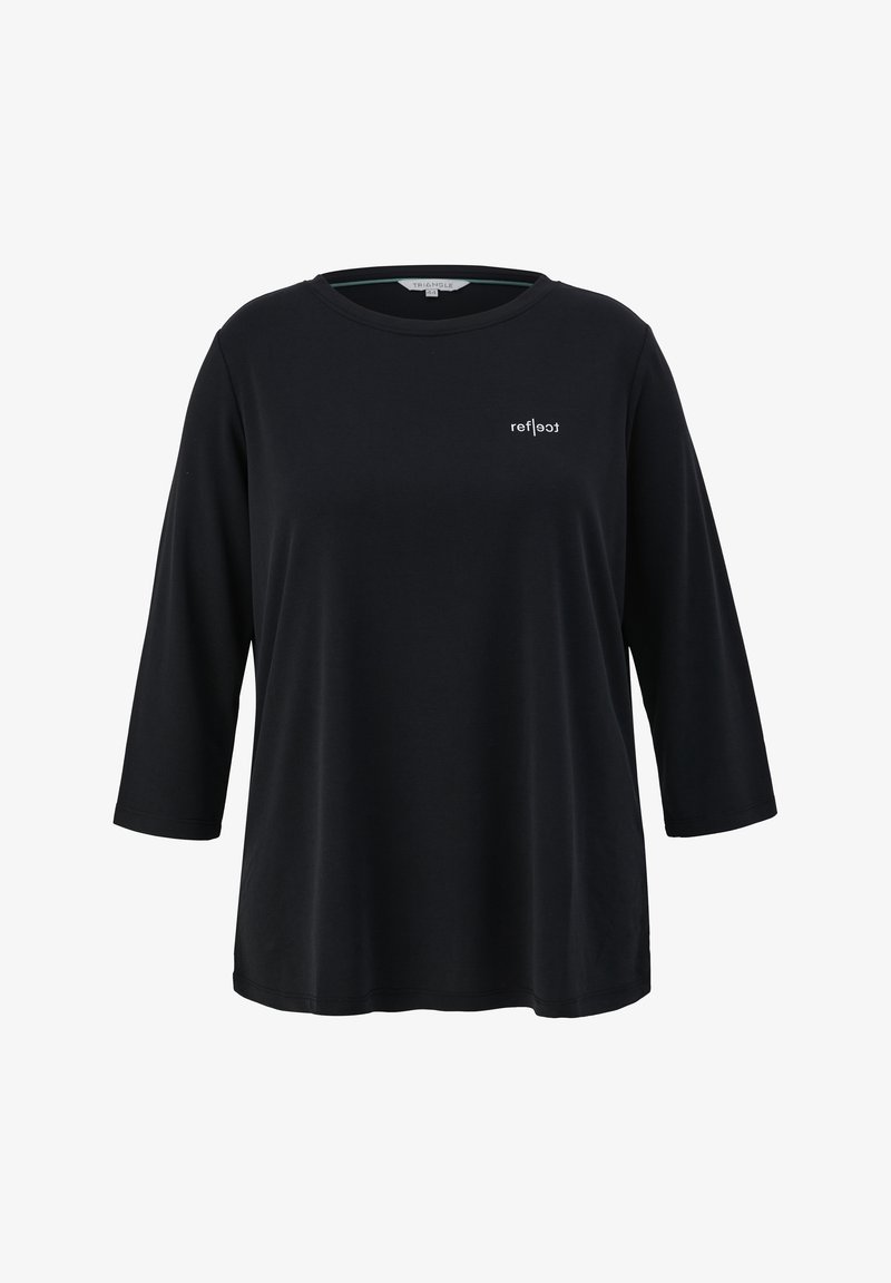 Schwarzes T-Shirt mit 3/4-Ärmeln, runder Ausschnitt, aus glattem Stoff. Mit einem kleinen weißen Logo auf der linken Brust. Einfaches, lockeres Design.