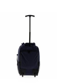 Bolso de viaje en color navy con un mango negro retráctil, compartimento principal acolchado, bolsillo lateral de malla y ruedas duraderas para facilitar la movilidad.
