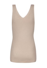 Beež ribadega tank-top sügava V-kaelusega ja ilma varrukateta disainiga. Sobiv siluett, pehme tekstuur ja minimalistlik stiil ilma plekideta.