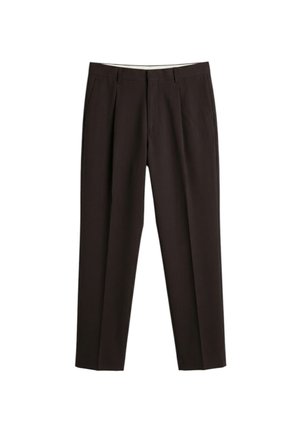 Pantaloni formali da uomo di colore marrone scuro con passanti per cintura e pieghe frontali, taglio a gamba dritta, mostrati su sfondo bianco.