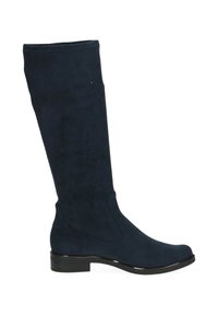 Bottes en daim bleu marine montant jusqu'aux genoux, avec une texture lisse, un bout arrondi et un petit talon carré. Présente un design simple et épuré sans pièce métallique.