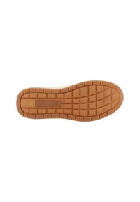 Semelle de chaussure avec une surface en caoutchouc orange texturé présentant un motif en grille. Design épuré avec un logo légèrement surélevé dans la zone de la semelle intermédiaire.