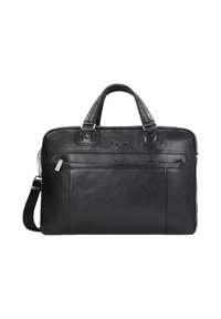 Geantă de laptop din piele neagră, cu mânere superioare, curea de umăr detașabilă, buzunar frontal cu fermoar și detalii subtile ale logo-ului. Textură netedă, formă structurată.