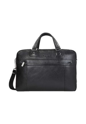 Sac à dos en cuir noir pour ordinateur portable avec anses supérieures, bandoulière amovible, poche zippée à l'avant et détails de logo discrets. Texture lisse, forme structurée.