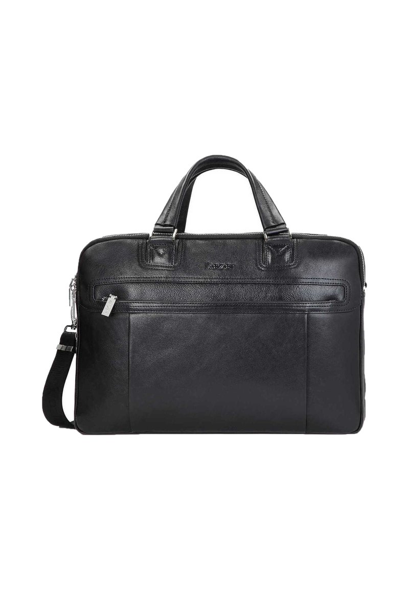 Geantă de laptop din piele neagră, cu mânere superioare, curea de umăr detașabilă, buzunar frontal cu fermoar și detalii subtile ale logo-ului. Textură netedă, formă structurată.
