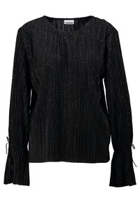 Svart plisserad blus med skimrande accenter, rund halsringning, långa ärmar och knytdetalj vid ärmsluten. Lätt, strukturerad tyg.
