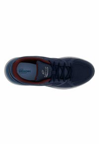 Navy athletic shoe with a textured mesh upper, maroon accents on the collar, black laces, and a white translucent sole. Features memory foam insole.