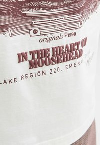 Typografia na tkaninie z napisem "In the Heart of Moosehead" z dodatkowymi tekstami i vintage wzorem w brązie na białym materiale.