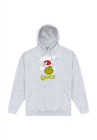 Šedá mikina s kapucí a přední kapsou. Na přední straně je nápis „NEBUĎ GRINCH“ a obrázek zelené postavičky v santové čepici.