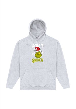 Šedá mikina s kapucí a přední kapsou. Na přední straně je nápis „NEBUĎ GRINCH“ a obrázek zelené postavičky v santové čepici.