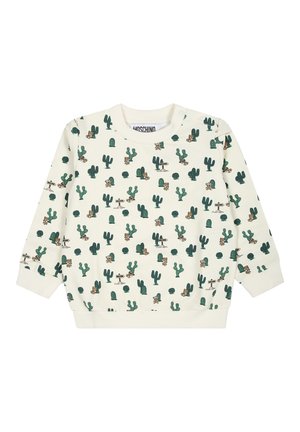 Felpa bianca con stampa di cactus e un orso dei cartoni animati, con polsini e orlo a coste. Presenta cactus illustrati e dettagli giocosi in tutto il capo.