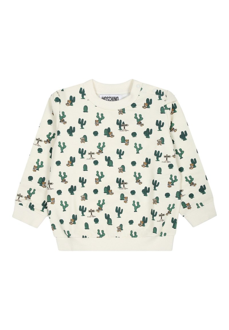Felpa bianca con stampa di cactus e un orso dei cartoni animati, con polsini e orlo a coste. Presenta cactus illustrati e dettagli giocosi in tutto il capo.