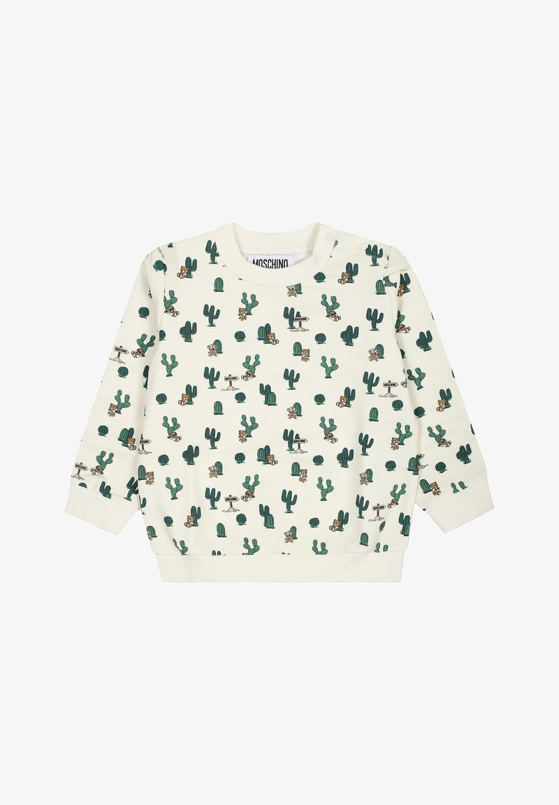 Felpa bianca con stampa di cactus e un orso dei cartoni animati, con polsini e orlo a coste. Presenta cactus illustrati e dettagli giocosi in tutto il capo.