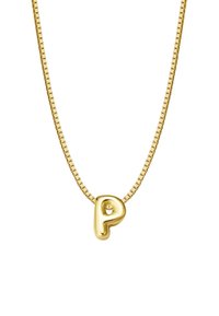Zlatý náhrdelník má masívny, lesklý prívesok v tvare písmena "P" na texturovanom plochom reťazci. Prívesok má malý akcentový detail.