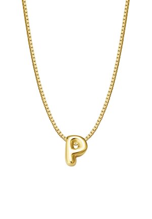 Zelta kaklarota ar masīvu, spīguļojošu burta "P" piekariņu uz strukturētas, plakanu posmu ķēdes. Piekariņam ir mazs apdares elements.