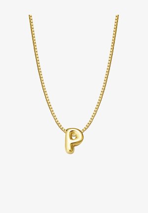 Auksinė grandinėlė turi masyvų, blizgantį raidės "P" pakabuką ant tekstūrizuotos, plokščios grandinėlės. Pakabukas turi mažą akcento detalę.