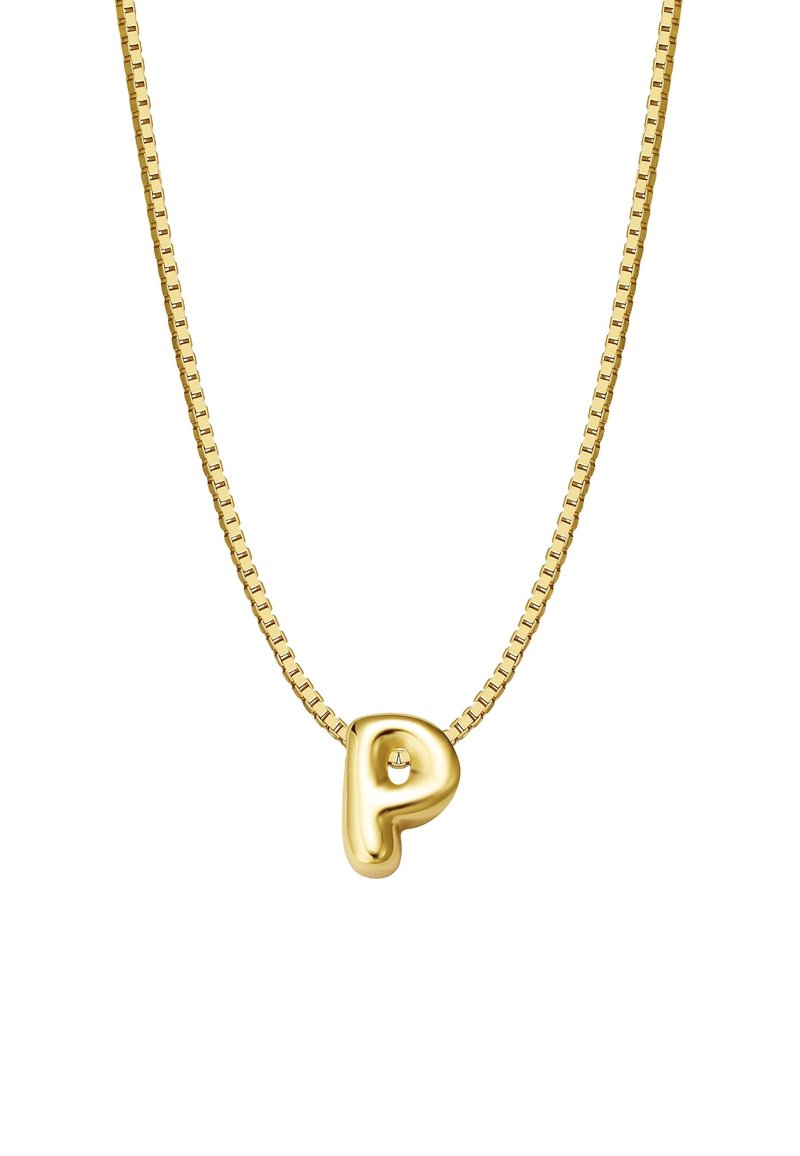 Zlatý náhrdelník má masívny, lesklý prívesok v tvare písmena "P" na texturovanom plochom reťazci. Prívesok má malý akcentový detail.