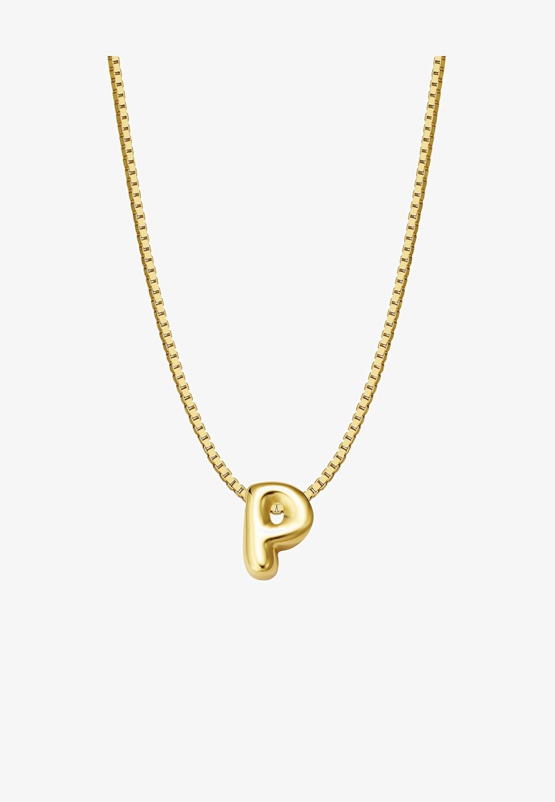 Zlatý náhrdelník má masívny, lesklý prívesok v tvare písmena "P" na texturovanom plochom reťazci. Prívesok má malý akcentový detail.