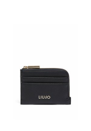 Portacarte in pelle nera con zip dorata, fessure frontali per carte e logo "LIU•JO" in lettere dorate.