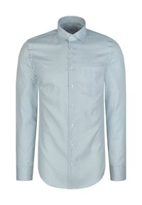 Hellblaues Langarmhemd mit Rautenmuster, Knopfverschluss, Kragen und einer Brusttasche auf der linken Seite. Glatte Textur.