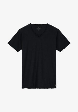 T-shirt nera a maniche corte con scollo a V, realizzata in un tessuto morbido, dalla vestibilità rilassata e dotata di un piccolo etichetta logo sull'orlo. I bordi sono leggermente sfilacciati.