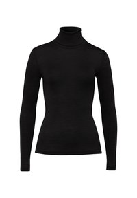 Maglione a collo alto di colore nero realizzato in tessuto a costine, con maniche lunghe e un design aderente. Texture liscia con uno stile semplice e minimalista.