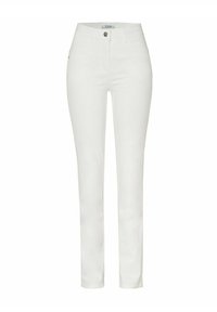 Weiße Slim-Fit-Hose aus einer Baumwollmischung mit einem Frontknopfverschluss, zwei Seitentaschen und einer glatten, einfarbigen Textur.