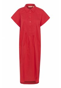 Abito camicia in cotone rosso con maniche corte, colletto, chiusura frontale con bottoni e pieghe sottili lungo il torso.