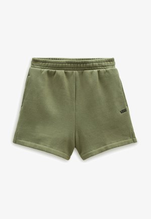 Pantalones cortos de forro polar verde oliva con cinturilla elástica, bolsillos laterales y pequeño logo negro de Vans en el lado derecho.