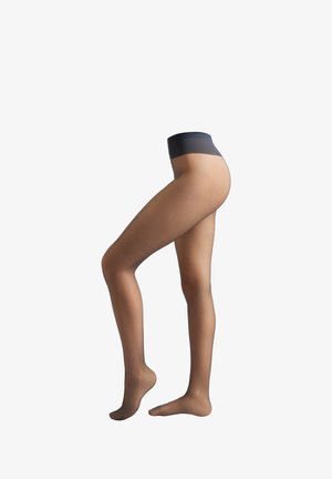 Transparente Strumpfhosen mit matter Oberfläche und einem dunklen Bund. Farbverlauf von Nude bis zu einem hellen Braun, der die Beinform betont.
