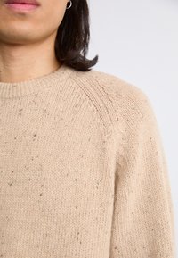 Beige Pullover mit strukturiertem Strick, ausgestattet mit einem Rundhalsausschnitt, Raglanärmeln und gesprenkelten Fäden in dunkleren Farben.