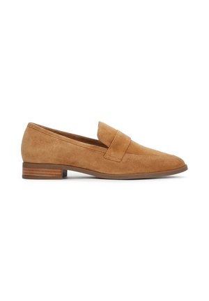 Tan suede leather loafer with low stacked heel and a wide strap across the vamp, shown in side profile on a white background.