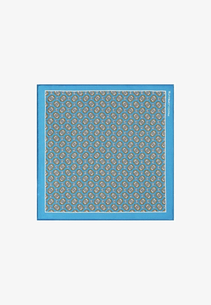 Jedwabny kwadratowy szalik w jasnym turkusie, ozdobiony skomplikowanymi powtarzającymi się okrągłymi wzorami w kolorze złotym i niebieskim, z jednolitym turkusowym bordem.