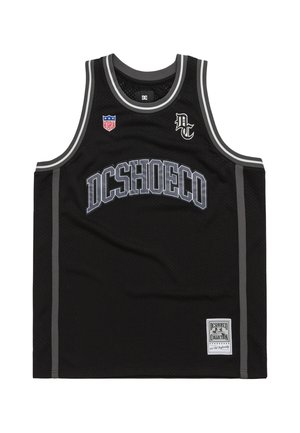 Black mesh athletic jersey featuring gray accents, a rounded neckline, a logo on the chest, and a brand label at the bottom hem.