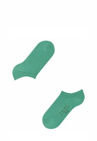 Zielone skarpetki do kostek o gładkiej fakturze i żebrowanym ściągaczu. Zawierają nadrukowaną nazwę marki "FALKE" w ciemnym kolorze. Prosty design, bez wzorów.