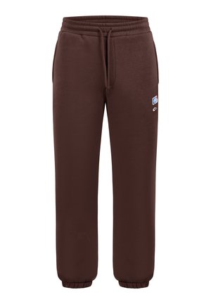 Brązowe spodnie dresowe z polaru z elastycznym pasem, sznurkiem do regulacji, bocznymi kieszeniami, elastycznymi mankietami oraz małym wielokolorowym logo na prawej udzie.