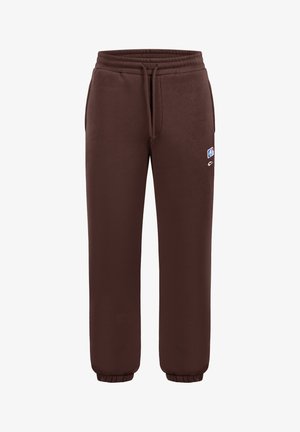 Brązowe spodnie dresowe z polaru z elastycznym pasem, sznurkiem do regulacji, bocznymi kieszeniami, elastycznymi mankietami oraz małym wielokolorowym logo na prawej udzie.
