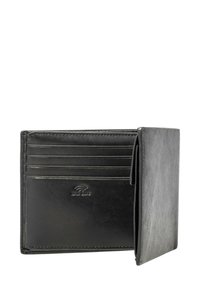 Zwarte leren portemonnee met meerdere kaartsleuven, slank ontwerp, RFID-beschermingslogo en een gladde buitenkant met een licht gestructureerde afwerking.