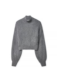 Grauer, taillierter Pullover mit hohem Kragen, strukturiertem Strickstoff und puffigen langen Ärmeln. Verfügt über gerippte Bündchen und einen gerippten Saum für einen figurbetonten Look.