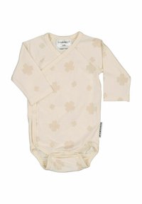 Ljust beige långärmad bodysuit med omslagdesign, prydd med ett diskret blommönster och tryckknappar i botten för enkel påklädning.