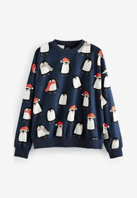 Dunkelblauer Sweatshirt mit Pinguinen in Weihnachtsmannmützen und Schals, mit weichem Material und gerippten Bündchen. Ludisches, festliches Muster im gesamten Design.