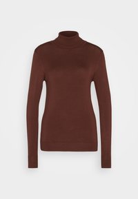 Hnědý rolák vyrobený z měkkého pleteného materiálu. Design s slim-fit střihem a dlouhými rukávy, s žebrovanými manžetami a vysokým límcem.