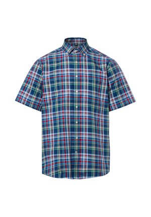 Kurzärmliges Hemd mit Knopfleiste, kariert in Blau, Rot, Weiß und Grün, mit einem Button-Down-Kragen.