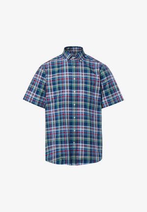 Kurzärmliges Hemd mit Knopfleiste, kariert in Blau, Rot, Weiß und Grün, mit einem Button-Down-Kragen.