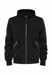 Czarna kurtka z kapturem z zamkiem błyskawicznym z przodu, dwoma bocznymi kieszeniami na zamek i jedną kieszenią na rękawie. Gładka faktura, elastyczne mankiety i dół.