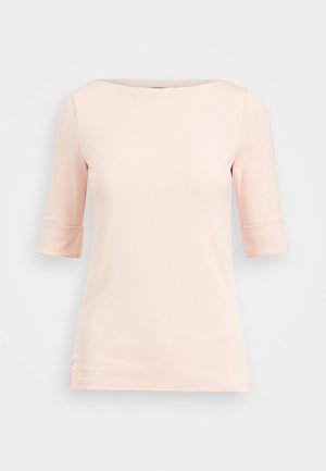 Light pink, short-sleeve fitted top with elbow-length sleeves and a wide round neckline, displayed on a plain light gray background.