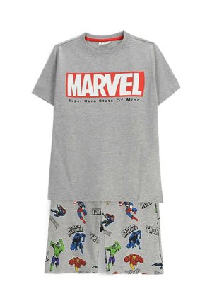 Szara bawełniana koszulka z czerwonym logo "MARVEL". Bawełniane spodenki z nadrukami superbohaterów: Hulk, Spider-Man, Czarna Pantera i Thor.