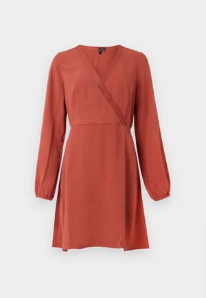 Rust-colored dress with long, balloon sleeves, wrap design, textured fabric, and decorative lace trim along the neckline.