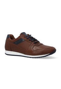 Brown leather sneaker with navy accents, white midsole, and dark blue laces. Features a smooth surface and rounded toe design.
